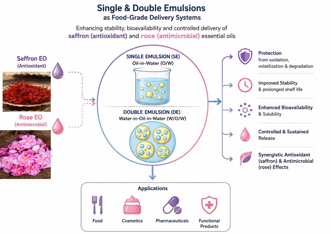 Encapsulation of saffron and rose essential oils by single and double emulsion: A review of recent advances 